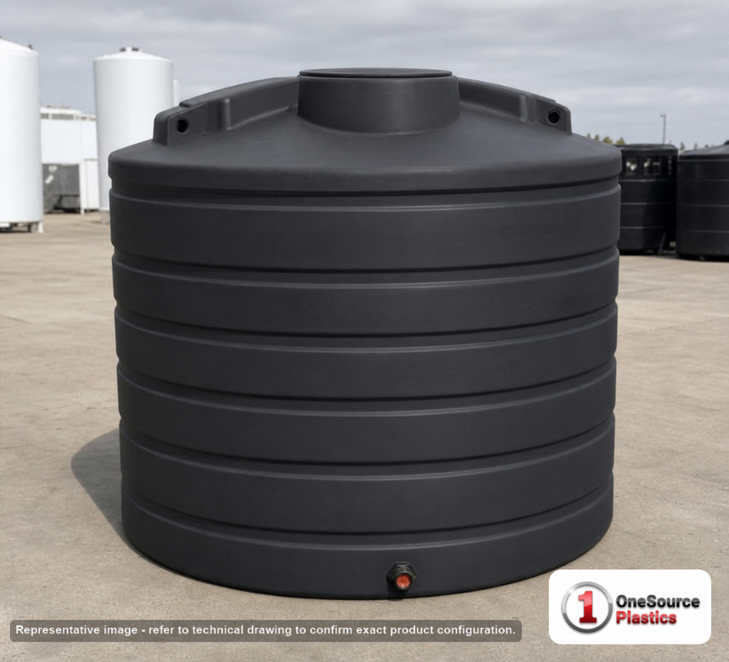 Enduraplas 1750 Gallon Black Vertical Storage Tank. Polyethylene; Black; dimensions 89.0in H x 85.0in W x 85.0in L; 319.0 lb empty; 1.9 specific gravity rating; fittings: 1 Outlet , 1 Manway / Lid; 10 Year Warranty with Activation. Manufacturer part number THV01750B. Sold by OneSource Plastics (https://www.onesourceplastics.com).