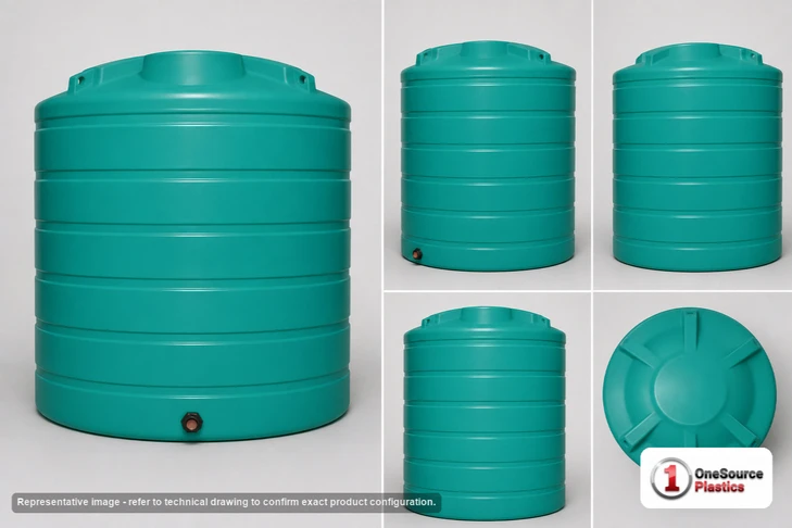 Dimensional spec drawing for Enduraplas 2100 Gallon Vertical Storage Tank (85" L x 85" W x 100" H)