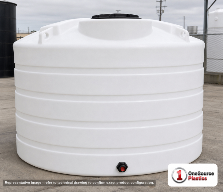 Enduraplas 1650 Gallon White Vertical Storage Tank. Polyethylene; Natural White; dimensions 75.0in H x 90.0in W x 90.0in L; 297.0 lb empty; 1.9 specific gravity rating; fittings: 1 Outlet , 1 Manway / Lid; 10 Year Warranty with Activation. Manufacturer part number THV01650W. Sold by OneSource Plastics (https://www.onesourceplastics.com).