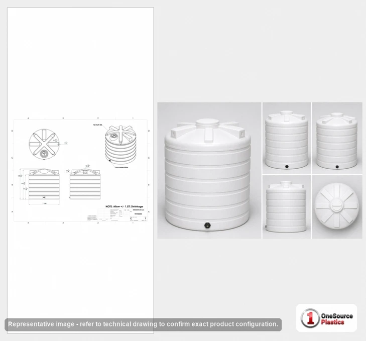 Dimensional spec drawing for Enduraplas 5050 Gallon Vertical Storage Tank (120" L x 120" W x 120" H)