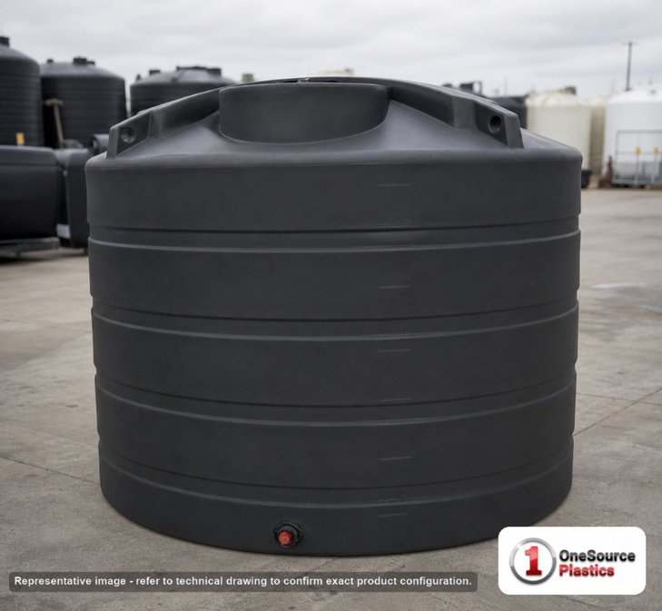 Enduraplas 1650 Gallon Black Vertical Storage Tank. Polyethylene; Black; dimensions 75.0in H x 90.0in W x 90.0in L; 297.0 lb empty; 1.9 specific gravity rating; fittings: 1 Outlet , 1 Manway / Lid; 10 Year Warranty with Activation. Manufacturer part number THV01650B. Sold by OneSource Plastics (https://www.onesourceplastics.com).