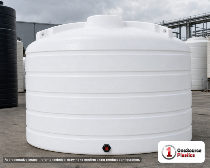 Enduraplas 6011 Gallon White Vertical Storage Tank. Polyethylene; Natural White; dimensions 110.0in H x 144.0in W x 144.0in L; 1210.0 lb empty; 1.9 specific gravity rating; fittings: 1 Outlet , 1 Manway / Lid; 10 Year Warranty with Activation. Manufacturer part number THV06011W. Sold by OneSource Plastics (https://www.onesourceplastics.com).