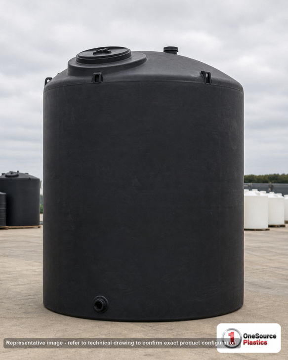 Norwesco 8400 Gallon Black Heavy Duty Vertical Storage Tank. Polyethylene; Black; dimensions 187.0in H x 120.0in W x 120.0in L; 2056.0 lb empty; 1.9 specific gravity rating; fittings: 1 Outlet , 1 Manway / Lid; max temp 120 deg  F / 48 deg  C; 3 Year Warranty. Manufacturer part number 44397B. Sold by OneSource Plastics (https://www.onesourceplastics.com).