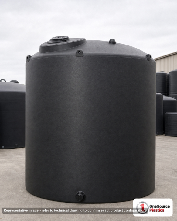 Norwesco 8400 Gallon Black Vertical Storage Tank. Polyethylene; Black; dimensions 187.0in H x 120.0in W x 120.0in L; 1717.0 lb empty; 1.5 specific gravity rating; fittings: 1 Outlet , 1 Manway / Lid; max temp 120 deg  F / 48 deg  C; 3 Year Warranty. Manufacturer part number 44395B. Sold by OneSource Plastics (https://www.onesourceplastics.com).