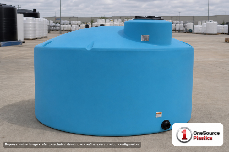 Norwesco 2200 Gallon Vertical Storage Tank. 2200 gallon capacity; Polyethylene; Light Blue; 80" H x 95" W x 95" L; fittings: