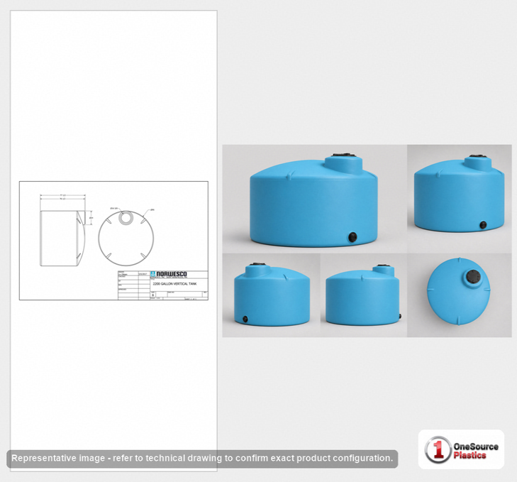 Dimensional spec drawing for Norwesco 2200 Gallon Vertical Storage Tank (95" L x 95" W x 80" H)