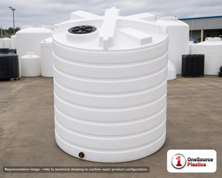 Enduraplas 2500 Gallon White Vertical Storage Tank. Polyethylene; Natural White; 113" H x 90" W x 90" L; fittings: 1 Outlet