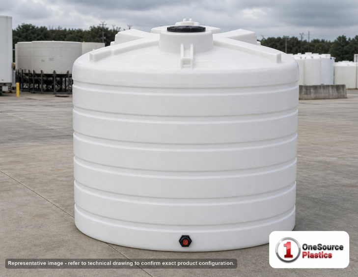 Enduraplas 3100 Gallon White Vertical Storage Tank. Polyethylene; Natural White; dimensions 103.0in H x 100.0in W x 100.0in L; 715.0 lb empty; 1.9 specific gravity rating; fittings: 1 Outlet , 1 Manway / Lid; 10 Year Warranty with Activation. Manufacturer part number THV03100W. Sold by OneSource Plastics (https://www.onesourceplastics.com).