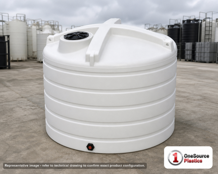 Enduraplas 3200 Gallon White Vertical Storage Tank. Polyethylene; Natural White; dimensions 103.0in H x 110.0in W x 110.0in L; 715.0 lb empty; 1.9 specific gravity rating; fittings: 1 Outlet , 1 Manway / Lid; 10 Year Warranty with Activation. Manufacturer part number THV03200W. Sold by OneSource Plastics (https://www.onesourceplastics.com).