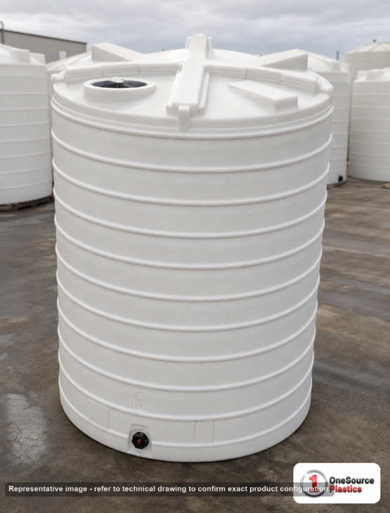 Enduraplas 5200 Gallon White Vertical Storage Tank. Polyethylene; Natural White; dimensions 164.0in H x 100.0in W x 100.0in L; 1210.0 lb empty; 1.9 specific gravity rating; fittings: 1 Outlet , 1 Manway / Lid; 10 Year Warranty with Activation. Manufacturer part number THV05200W. Sold by OneSource Plastics (https://www.onesourceplastics.com).