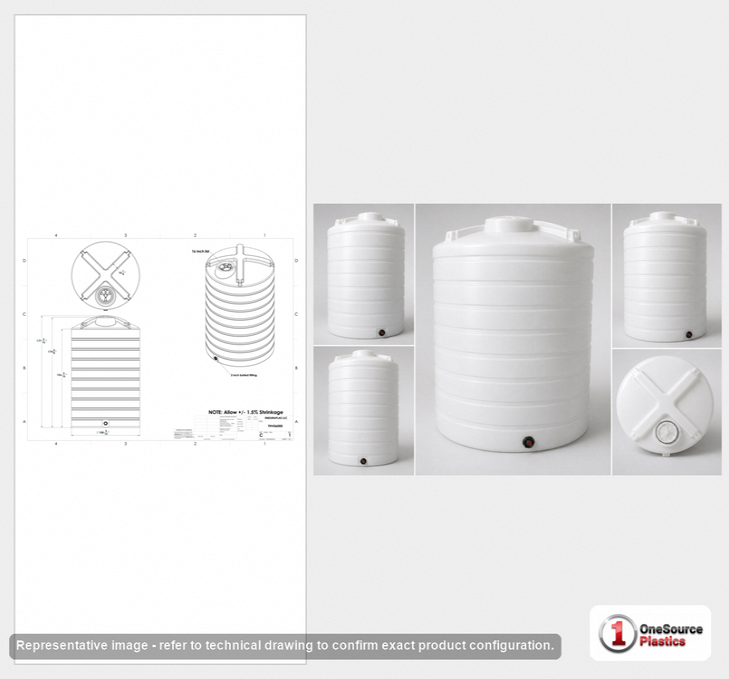 Dimensional spec drawing for Enduraplas 6000 Gallon Vertical Storage Tank (110" L x 110" W x 179" H)