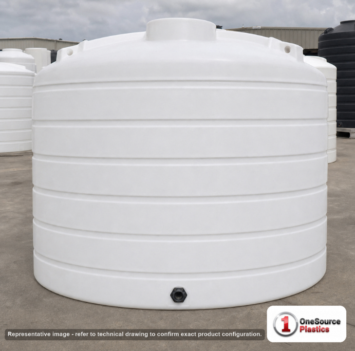 Enduraplas 7011 Gallon White Vertical Storage Tank. Polyethylene; Natural White; dimensions 126.0in H x 144.0in W x 144.0in L; 1430.0 lb empty; 1.9 specific gravity rating; fittings: 1 Outlet , 1 Manway / Lid; 10 Year Warranty with Activation. Manufacturer part number THV07011W. Sold by OneSource Plastics (https://www.onesourceplastics.com).