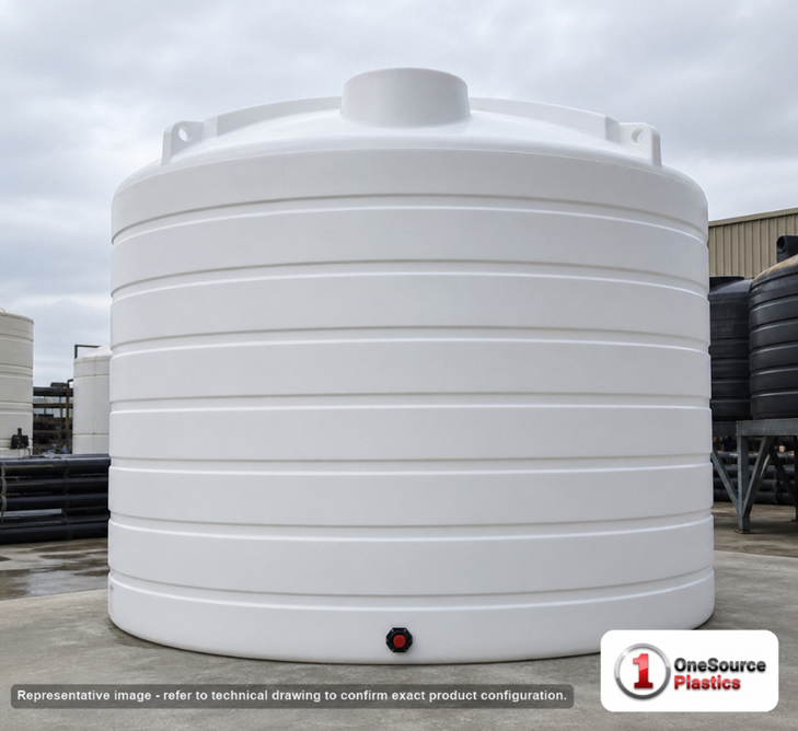 Enduraplas 8000 Gallon White Vertical Storage Tank. Polyethylene; Natural White; dimensions 142.0in H x 144.0in W x 144.0in L; 1870.0 lb empty; 1.9 specific gravity rating; fittings: 1 Outlet , 1 Manway / Lid; 10 Year Warranty with Activation. Manufacturer part number THV08000W. Sold by OneSource Plastics (https://www.onesourceplastics.com).