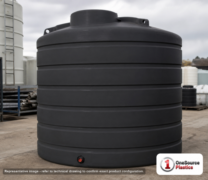 Enduraplas 2000 Gallon Black Vertical Storage Tank. Polyethylene; Black; 93" H x 90" W x 90" L; fittings: 1 Outlet, 1 Manway