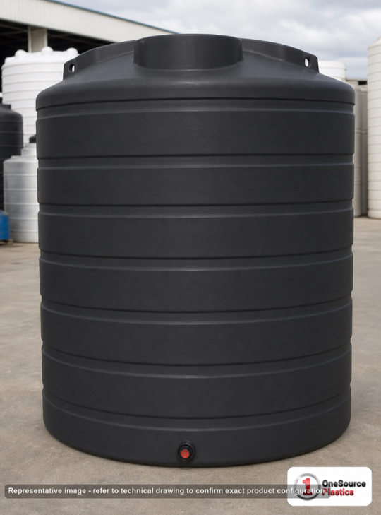 Enduraplas 2100 Gallon Black Vertical Storage Tank. Polyethylene; Black; 100" H x 85" W x 85" L; fittings: 1 Outlet, 1