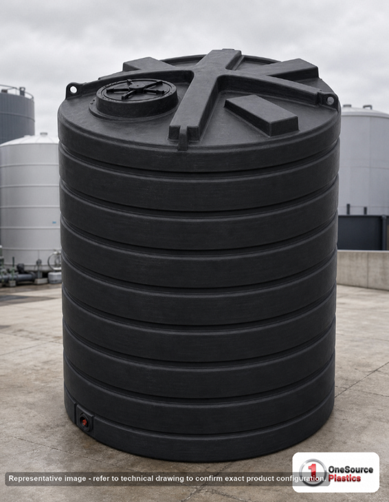 Enduraplas 2500 Gallon Black Vertical Storage Tank. Polyethylene; Black; 113" H x 90" W x 90" L; fittings: 1 Outlet, 1