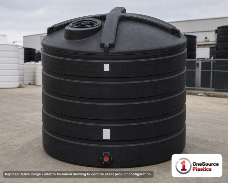 Enduraplas 3200 Gallon Black Vertical Storage Tank. Polyethylene; Black; 103" H x 110" W x 110" L; fittings: 1 Outlet, 1