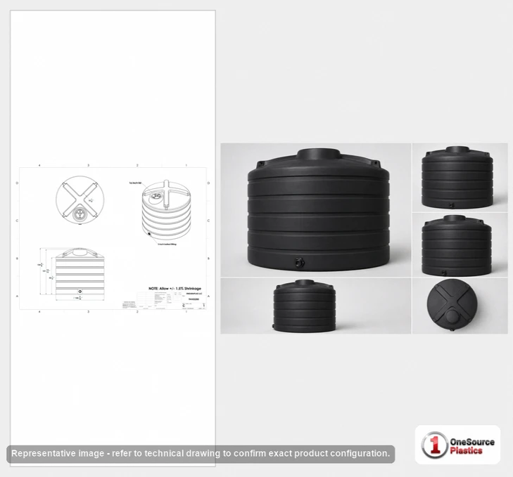 Dimensional spec drawing for Enduraplas 3200 Gallon Vertical Storage Tank (110" L x 110" W x 103" H)