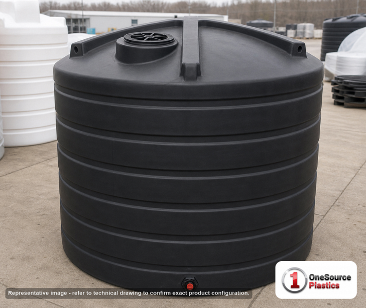 Enduraplas 4000 Gallon Black Vertical Storage Tank. Polyethylene; Black; 124" H x 110" W x 110" L; fittings: 1 Outlet, 1