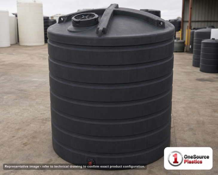 Enduraplas 5000 Gallon Black Vertical Storage Tank. Polyethylene; Black; 150" H x 110" W x 110" L; fittings: 1 Outlet, 1