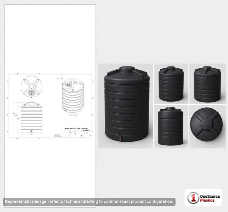 Dimensional spec drawing for Enduraplas 5000 Gallon Vertical Storage Tank (110" L x 110" W x 150" H)