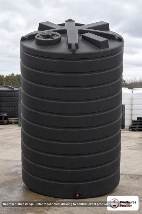 Enduraplas 5200 Gallon Black Vertical Storage Tank. Polyethylene; Black; dimensions 164.0in H x 100.0in W x 100.0in L; 1210.0 lb empty; 1.9 specific gravity rating; fittings: 1 Outlet , 1 Manway / Lid; 10 Year Warranty with Activation. Manufacturer part number THV05200B. Sold by OneSource Plastics (https://www.onesourceplastics.com).