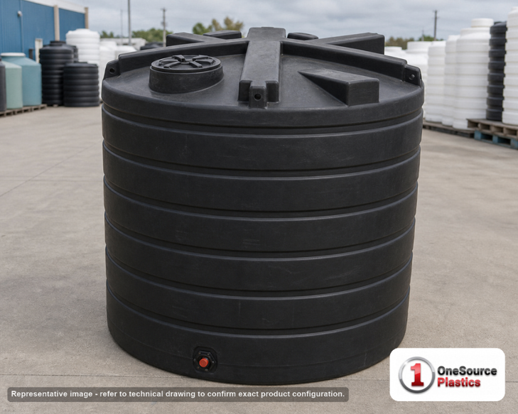 Enduraplas 5050 Gallon Black Vertical Storage Tank. Polyethylene; Black; 120" H x 120" W x 120" L; fittings: 1 Outlet, 1