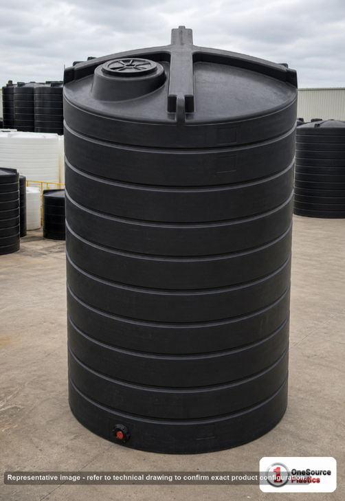 Enduraplas 6000 Gallon Black Vertical Storage Tank. Polyethylene; Black; dimensions 179.0in H x 110.0in W x 110.0in L; 1430.0 lb empty; 1.9 specific gravity rating; fittings: 1 Outlet , 1 Manway / Lid; 10 Year Warranty with Activation. Manufacturer part number THV06000B. Sold by OneSource Plastics (https://www.onesourceplastics.com).