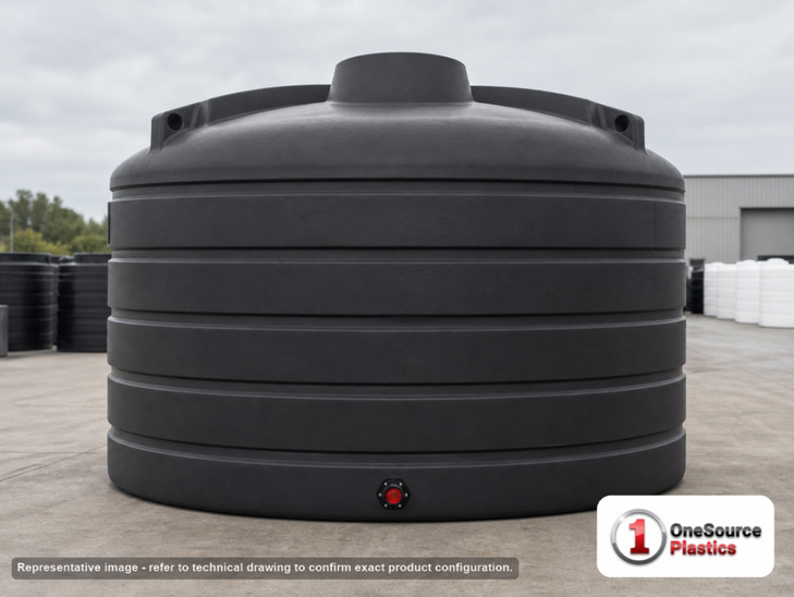 Enduraplas 6011 Gallon Black Vertical Storage Tank. Polyethylene; Black; 110" H x 144" W x 144" L; fittings: 1 Outlet, 1