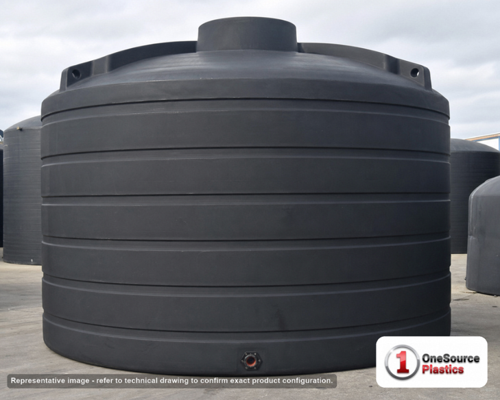 Enduraplas 7011 Gallon Black Vertical Storage Tank. Polyethylene; Black; dimensions 126.0in H x 144.0in W x 144.0in L; 1430.0 lb empty; 1.9 specific gravity rating; fittings: 1 Outlet , 1 Manway / Lid; 10 Year Warranty with Activation. Manufacturer part number THV07011B. Sold by OneSource Plastics (https://www.onesourceplastics.com).