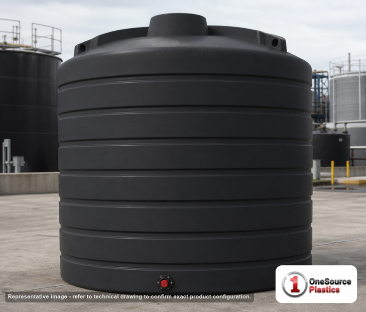 Enduraplas 8000 Gallon Black Vertical Storage Tank. Polyethylene; Black; 142" H x 144" W x 144" L; fittings: 1 Outlet, 1