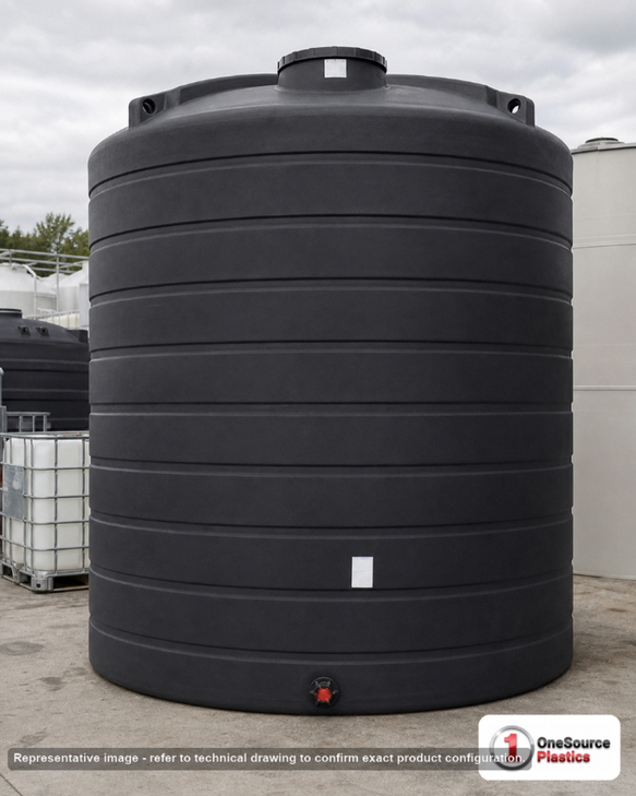 Enduraplas 10000 Gallon Black Vertical Storage Tank. Polyethylene; Black; 178" H x 144" W x 144" L; fittings: 1 Outlet, 1