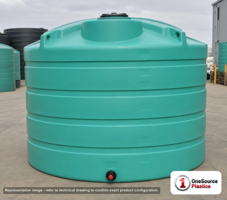 Enduraplas 1550 Gallon Green Vertical Storage Tank. Polyethylene; Green; dimensions 80.0in H x 85.0in W x 85.0in L; 297.0 lb empty; 1.9 specific gravity rating; fittings: 1 Outlet , 1 Manway / Lid; 10 Year Warranty with Activation. Manufacturer part number THV01550G. Sold by OneSource Plastics (https://www.onesourceplastics.com).