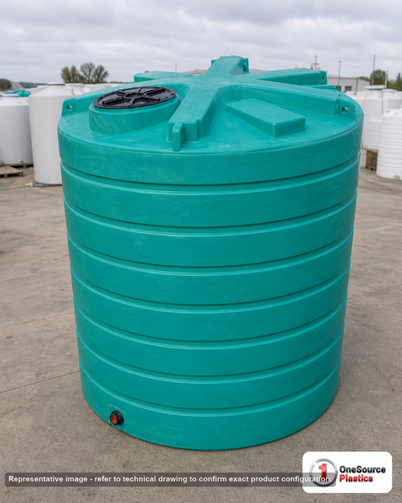 Enduraplas 2500 Gallon Green Vertical Storage Tank. Polyethylene; Green; 113" H x 90" W x 90" L; fittings: 1 Outlet, 1