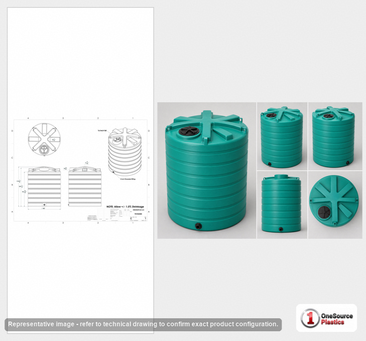 Dimensional spec drawing for Enduraplas 2500 Gallon Vertical Storage Tank (90" L x 90" W x 113" H)