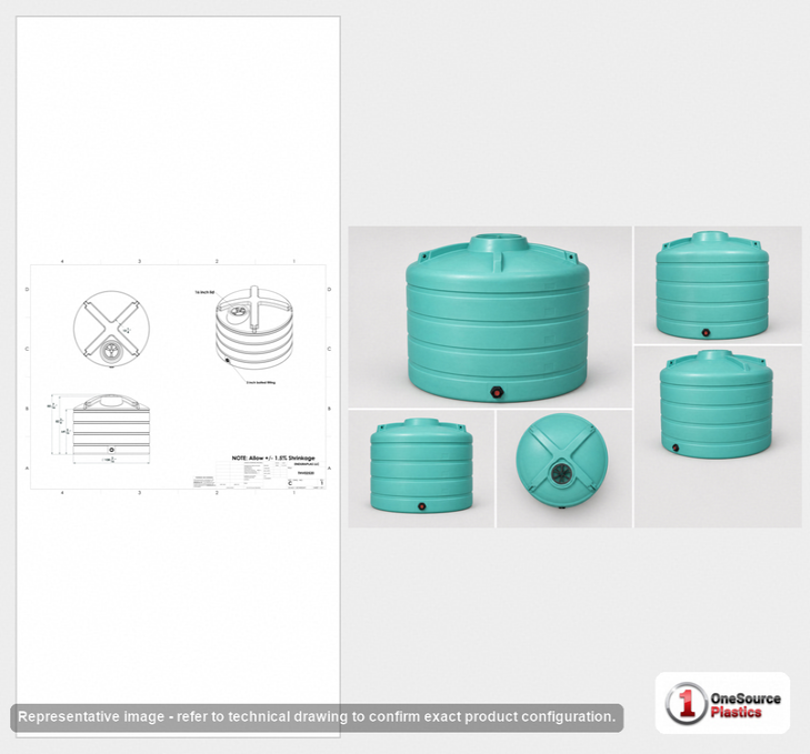 Dimensional spec drawing for Enduraplas 2520 Gallon Vertical Storage Tank (110" L x 110" W x 86" H)