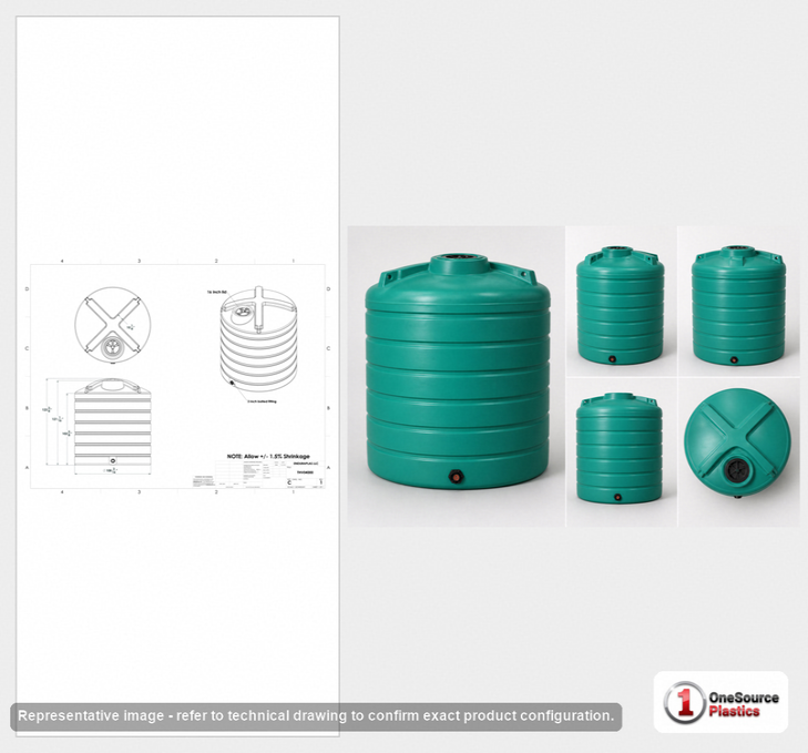 Dimensional spec drawing for Enduraplas 4000 Gallon Vertical Storage Tank (110" L x 110" W x 124" H)