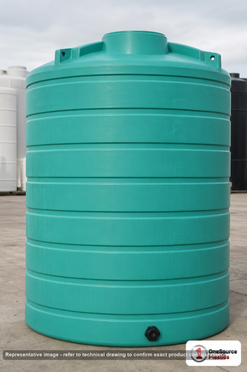 Enduraplas 5000 Gallon Green Vertical Storage Tank. Polyethylene; Green; dimensions 150.0in H x 110.0in W x 110.0in L; 1210.0 lb empty; 1.9 specific gravity rating; fittings: 1 Outlet , 1 Manway / Lid; 10 Year Warranty with Activation. Manufacturer part number THV05000G. Sold by OneSource Plastics (https://www.onesourceplastics.com).