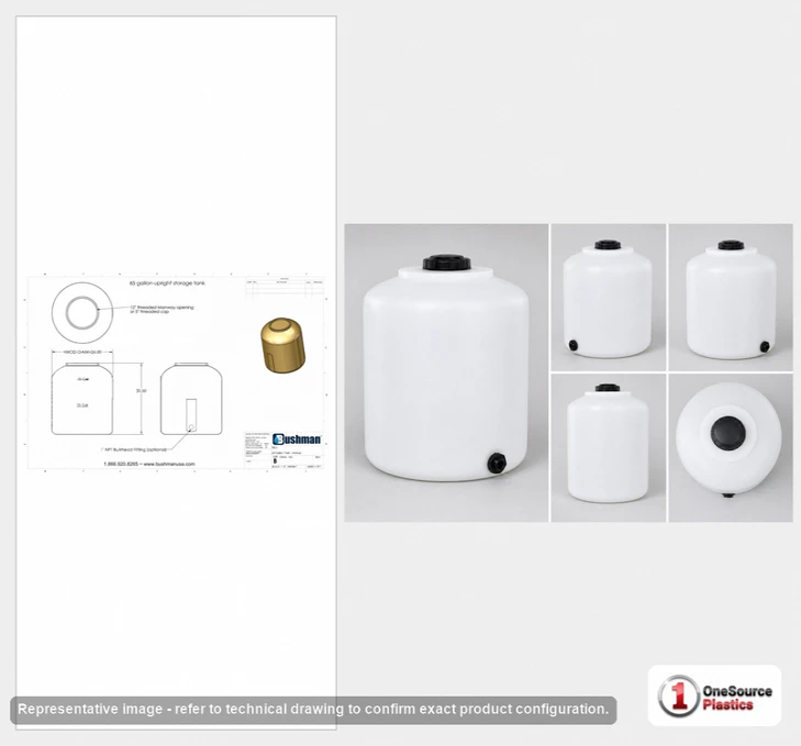 Dimensional spec drawing for Bushman 65 Gallon Vertical Water Tank (26" L x 26" W x 31" H)