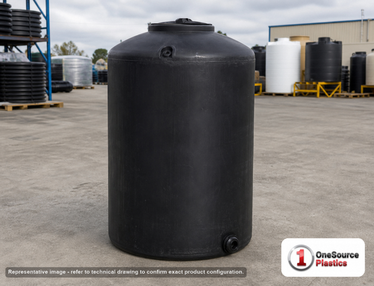 Bushman 300 Gallon Black Vertical Water Storage Tank. 300 gallon capacity; Polyethylene; Black; dimensions 66.0in H x 38.0in W x 38.0in L; 110.0 lb empty; 1.0 specific gravity rating; fittings: 1 Outlet , 1 Manway / Lid; max temp 120 deg  F / 48 deg  C; 3 Year Warranty. Manufacturer part number ww-300-gl-blk. Sold by OneSource Plastics (https://www.onesourceplastics.com).