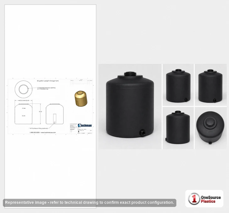 Dimensional spec drawing for Bushman 65 Gallon Vertical Water Tank (26" L x 26" W x 31" H)
