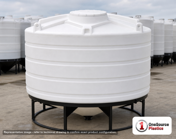 Enduraplas 1350 Gallon White Cone Bottom Tank. Polyethylene; Natural White; dimensions 75.0in H x 85.0in W x 85.0in L; 300.0 lb empty; 1.9 specific gravity rating; fittings: 1 Outlet , 1 Manway / Lid; 10 Year Warranty with Activation. Manufacturer part number THC01350W. Sold by OneSource Plastics (https://www.onesourceplastics.com).