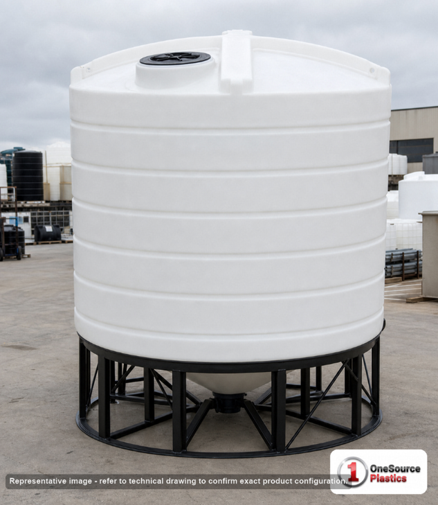 Enduraplas 3200 Gallon White Cone Bottom Tank. Polyethylene; Natural White; dimensions 116.0in H x 110.0in W x 110.0in L; 1000.0 lb empty; 1.9 specific gravity rating; fittings: 1 Outlet , 1 Manway / Lid; 10 Year Warranty with Activation. Manufacturer part number THC03200W. Sold by OneSource Plastics (https://www.onesourceplastics.com).