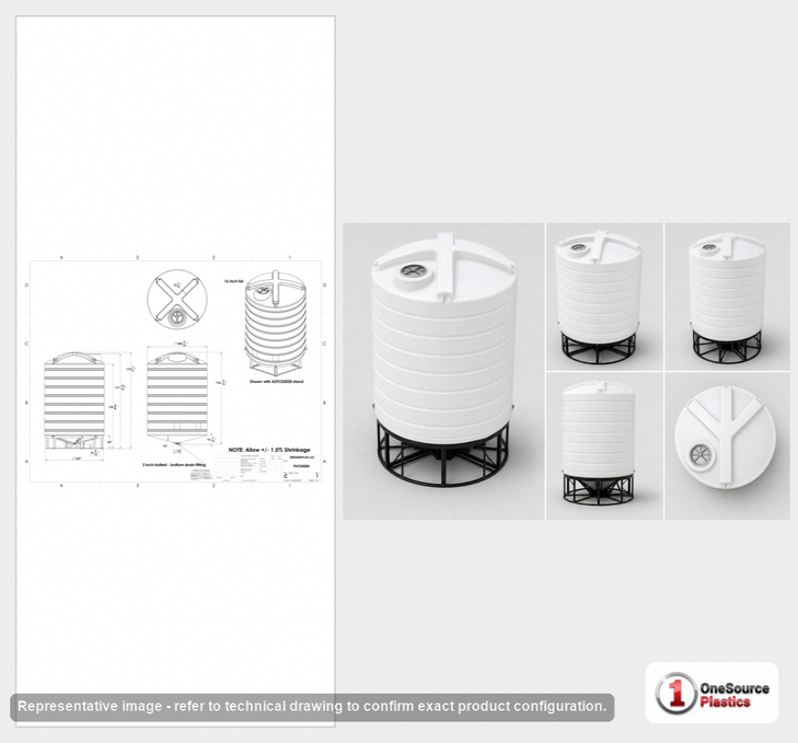 Dimensional spec drawing for Enduraplas 5000 Gallon Cone Bottom Tank (110" L x 110" W x 166" H)