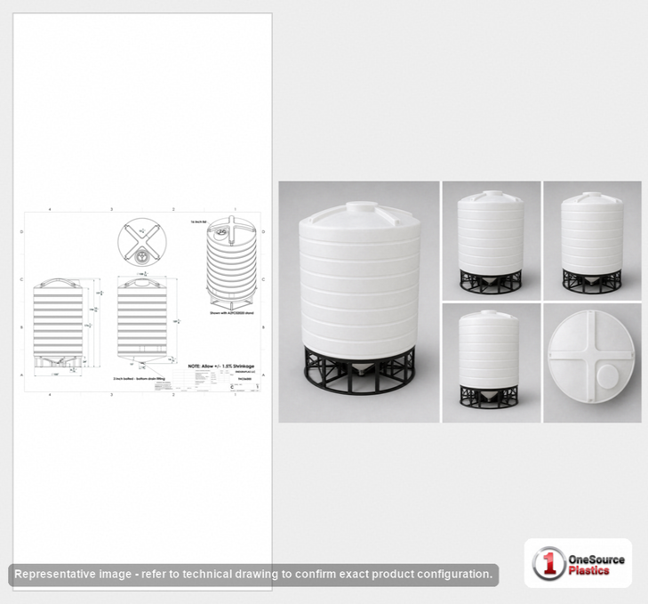 Dimensional spec drawing for Enduraplas 6000 Gallon Cone Bottom Tank (110" L x 110" W x 195" H)
