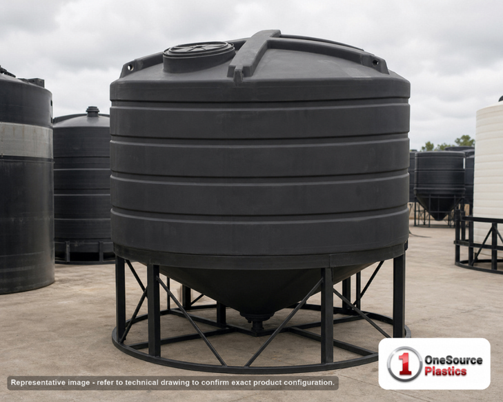 Enduraplas 2520 Gallon Black Cone Bottom Tank. Polyethylene; Black; 99" H x 110" W x 110" L; fittings: 1 Outlet, 1 Manway /