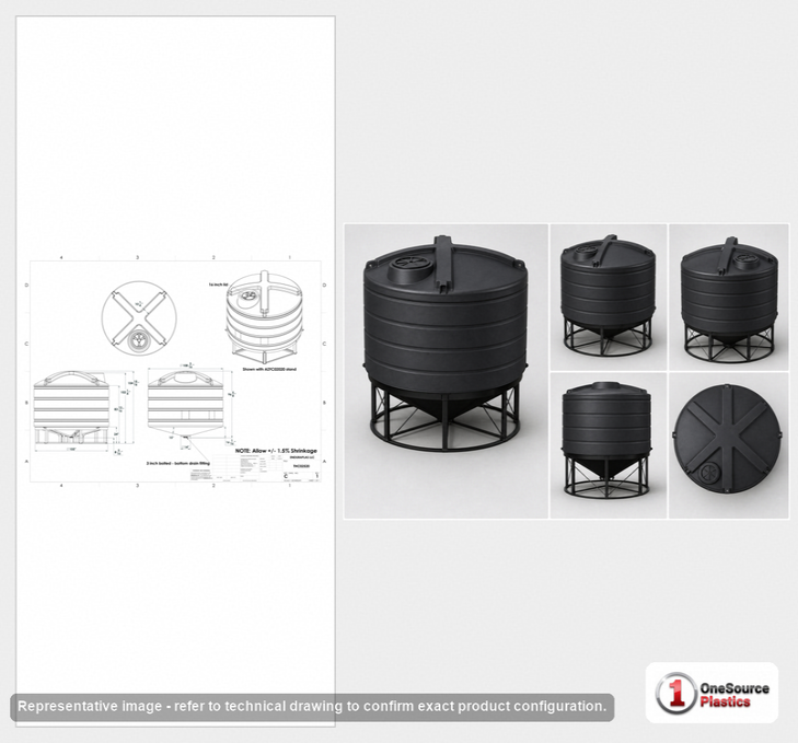 Dimensional spec drawing for Enduraplas 2520 Gallon Cone Bottom Tank (110" L x 110" W x 99" H)