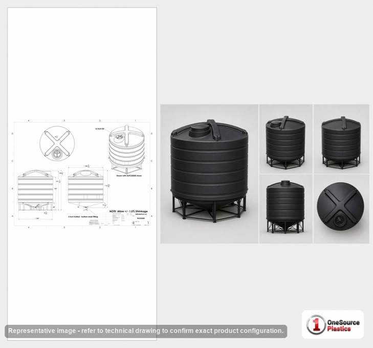 Dimensional spec drawing for Enduraplas 3200 Gallon Cone Bottom Tank (110" L x 110" W x 116" H)