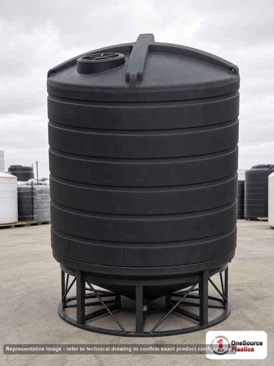 Enduraplas 4000 Gallon Black Cone Bottom Tank. Polyethylene; Black; 135" H x 110" W x 110" L; fittings: 1 Outlet, 1 Manway /