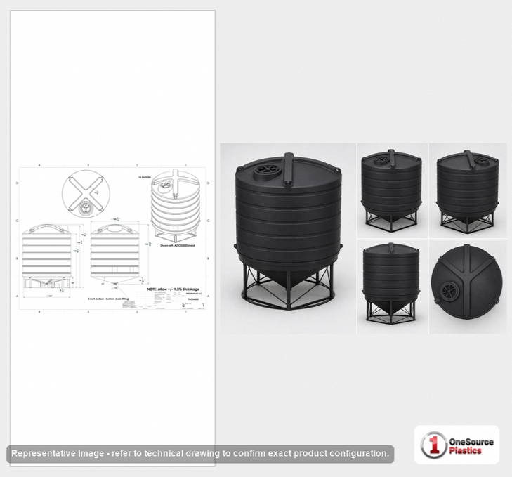 Dimensional spec drawing for Enduraplas 4000 Gallon Cone Bottom Tank (110" L x 110" W x 135" H)